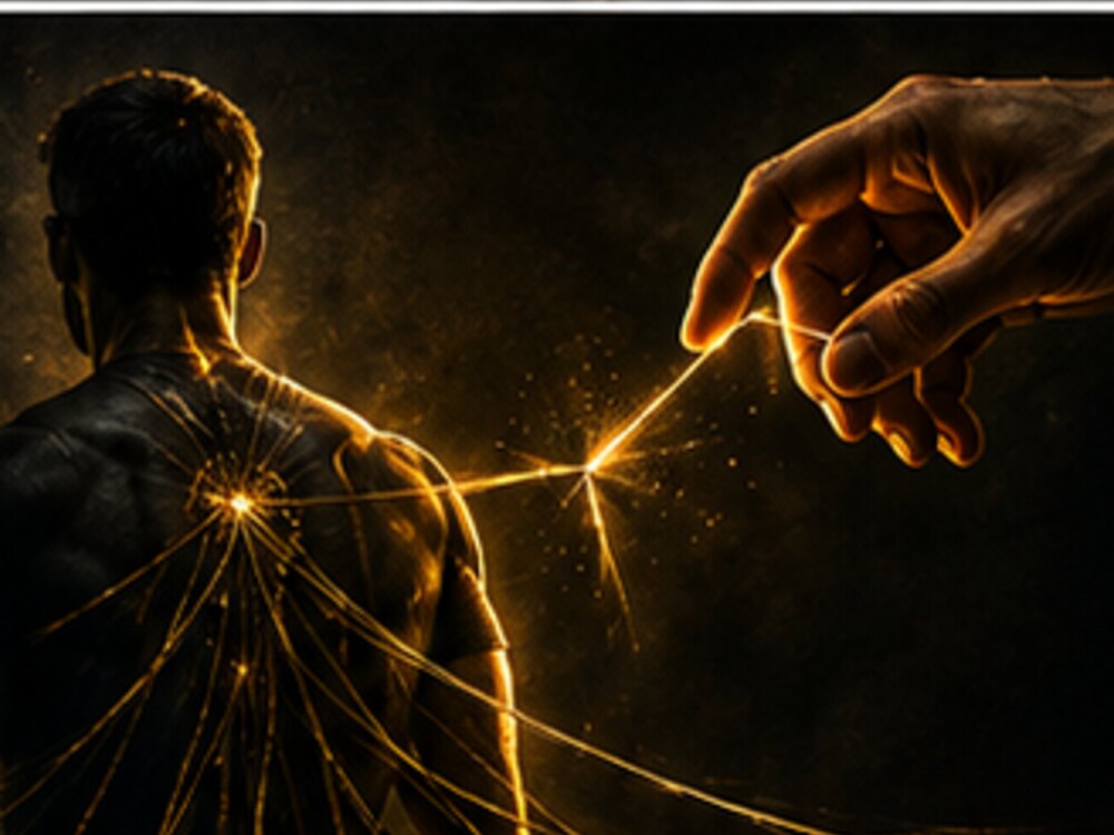 A person caught in glowing lines being pulled from behind, representing an automatic reaction beginning before conscious choice.